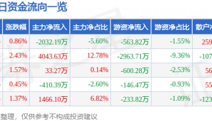股票行情快报：海马汽车（000572）8月7日主力资金净卖出2032.19万元