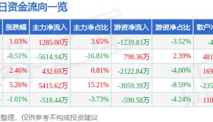 股票行情快报：中科三环（000970）2月24日主力资金净买入1285.00万元