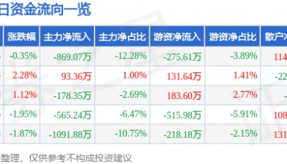 股票行情快报：浪莎股份（600137）8月5日主力资金净卖出869.07万元