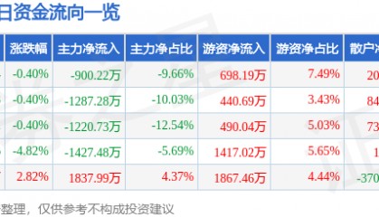 股票行情快报：泰和新材（002254）12月20日主力资金净卖出900.22万元
