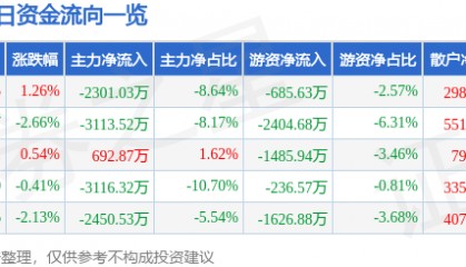 股票行情快报:当升科技(300073)5月29日主力资金净卖出2301.03万元