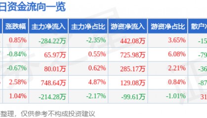 股票行情快报：太阳电缆（002300）12月6日主力资金净卖出284.22万元
