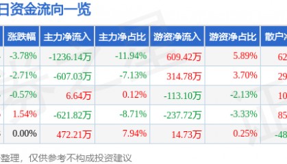 股票行情快报:齐翔腾达(002408)1月2日主力资金净卖出1236.14万元