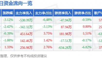股票行情快报：时代新材（600458）1月3日主力资金净卖出530.39万元
