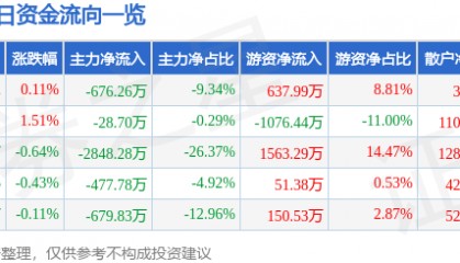 股票行情快报:涪陵电力(600452)2月5日主力资金净卖出676.26万元