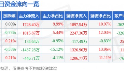 股票行情快报:涪陵电力(600452)3月3日主力资金净买入1728.40万元