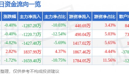 股票行情快报：泰和新材（002254）12月19日主力资金净卖出1287.28万元