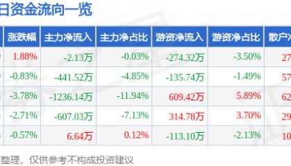 股票行情快报:齐翔腾达(002408)1月6日主力资金净卖出2.13万元