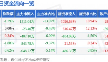 股票行情快报：泰和新材（002254）1月8日主力资金净卖出1311.04万元