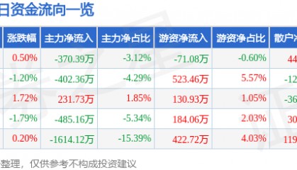 股票行情快报：泰和新材（002254）11月29日主力资金净卖出370.39万元