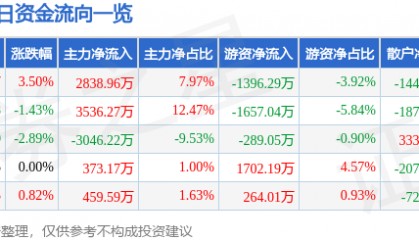 股票行情快报：智度股份（000676）6月23日主力资金净买入2838.96万元