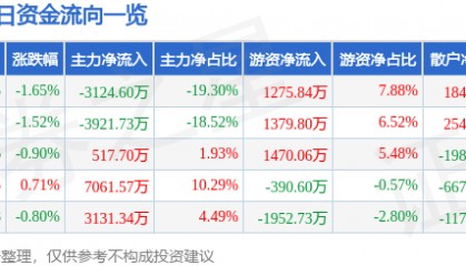 股票行情快报：涪陵电力（600452）3月28日主力资金净卖出3124.60万元