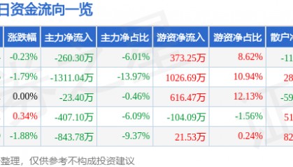 股票行情快报：泰和新材（002254）1月9日主力资金净卖出260.30万元