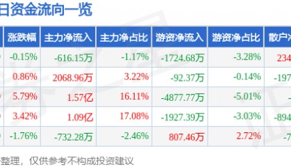 股票行情快报：中科三环（000970）3月6日主力资金净卖出616.15万元
