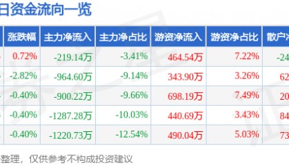 股票行情快报：泰和新材（002254）12月24日主力资金净卖出219.14万元