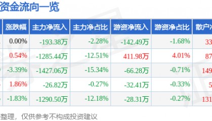 股票行情快报：ST高鸿（000851）12月11日主力资金净卖出193.38万元