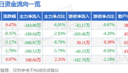 股票行情快报:上海能源(600508)1月6日主力资金净卖出343.80万元