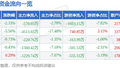 股票行情快报：天融信（002212）1月2日主力资金净卖出570.03万元