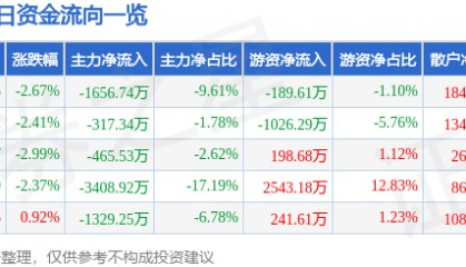 股票行情快报:中科三环(000970)1月3日主力资金净卖出1656.74万元