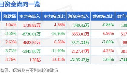 股票行情快报:智度股份(000676)6月11日主力资金净买入1738.82万元