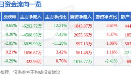 股票行情快报:中国动力(600482)12月11日主力资金净卖出6292.72万元
