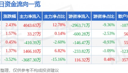 股票行情快报：海马汽车（000572）8月6日主力资金净买入4043.63万元