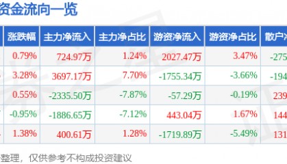 股票行情快报：天融信（002212）12月12日主力资金净买入724.97万元