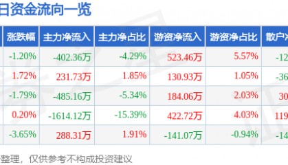 股票行情快报：泰和新材（002254）11月28日主力资金净卖出402.36万元