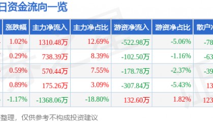股票行情快报:浦东建设(600284)6月6日主力资金净买入1310.48万元