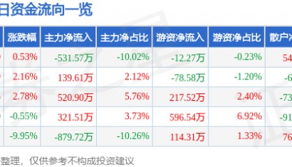 股票行情快报:申华控股(600653)4月11日主力资金净卖出531.57万元