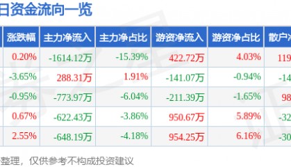 股票行情快报：泰和新材（002254）11月25日主力资金净卖出1614.12万元