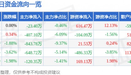 股票行情快报：泰和新材（002254）1月7日主力资金净卖出23.40万元