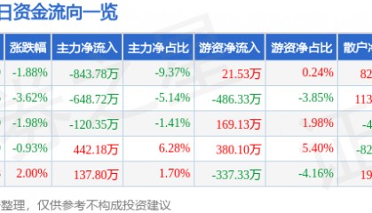 股票行情快报：泰和新材（002254）1月3日主力资金净卖出843.78万元