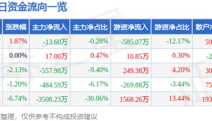 股票行情快报:冠豪高新(600433)12月27日主力资金净卖出13.60万元