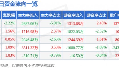股票行情快报:当升科技(300073)6月13日主力资金净卖出2687.06万元