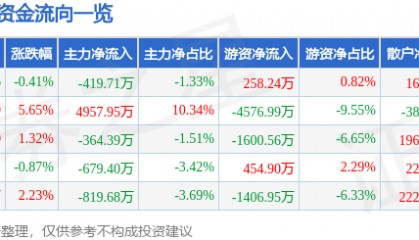 股票行情快报：天融信（002212）12月3日主力资金净卖出419.71万元