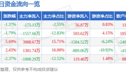 股票行情快报:申华控股(600653)3月19日主力资金净卖出175.13万元