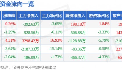 股票行情快报：ST高鸿（000851）12月2日主力资金净卖出392.63万元