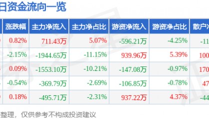 股票行情快报：中科三环（000970）2月14日主力资金净买入711.43万元