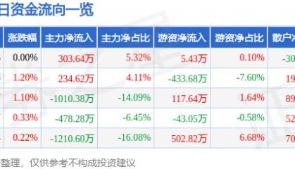 股票行情快报：泰和新材（002254）1月21日主力资金净买入303.64万元