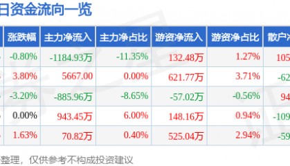 股票行情快报:温州宏丰(300283)3月4日主力资金净卖出1184.93万元
