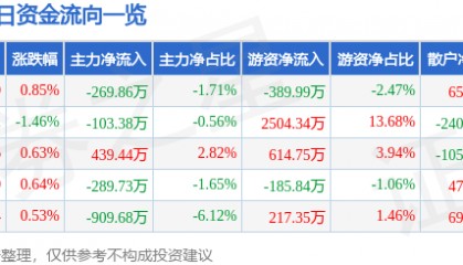 股票行情快报:涪陵电力(600452)3月19日主力资金净卖出269.86万元