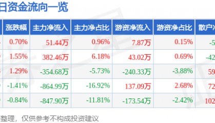 股票行情快报:积成电子(002339)5月20日主力资金净买入51.44万元
