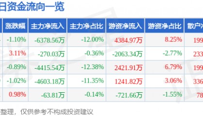 股票行情快报:当升科技(300073)8月12日主力资金净卖出6378.56万元