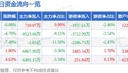 股票行情快报：海立股份（600619）11月26日主力资金净买入710.07万元