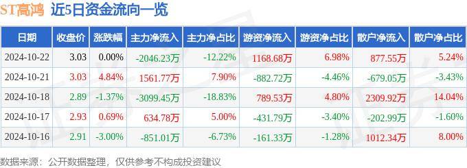 股票行情快报：ST高鸿（000851）10月22日主力资金净卖出2046.23万元