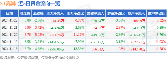 股票行情快报：ST高鸿（000851）11月22日主力资金净买入61.35万元