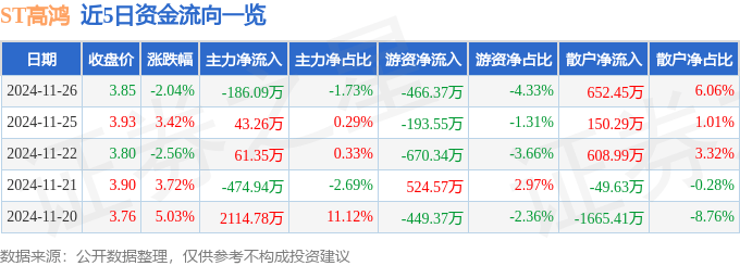 股票行情快报：ST高鸿（000851）11月26日主力资金净卖出186.09万元