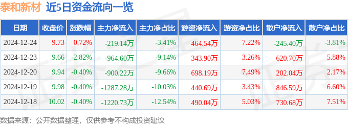 股票行情快报：泰和新材（002254）12月24日主力资金净卖出219.14万元