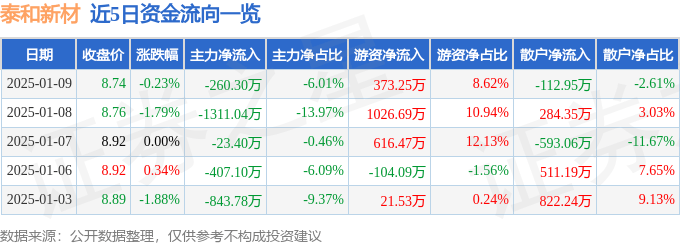 股票行情快报：泰和新材（002254）1月9日主力资金净卖出260.30万元
